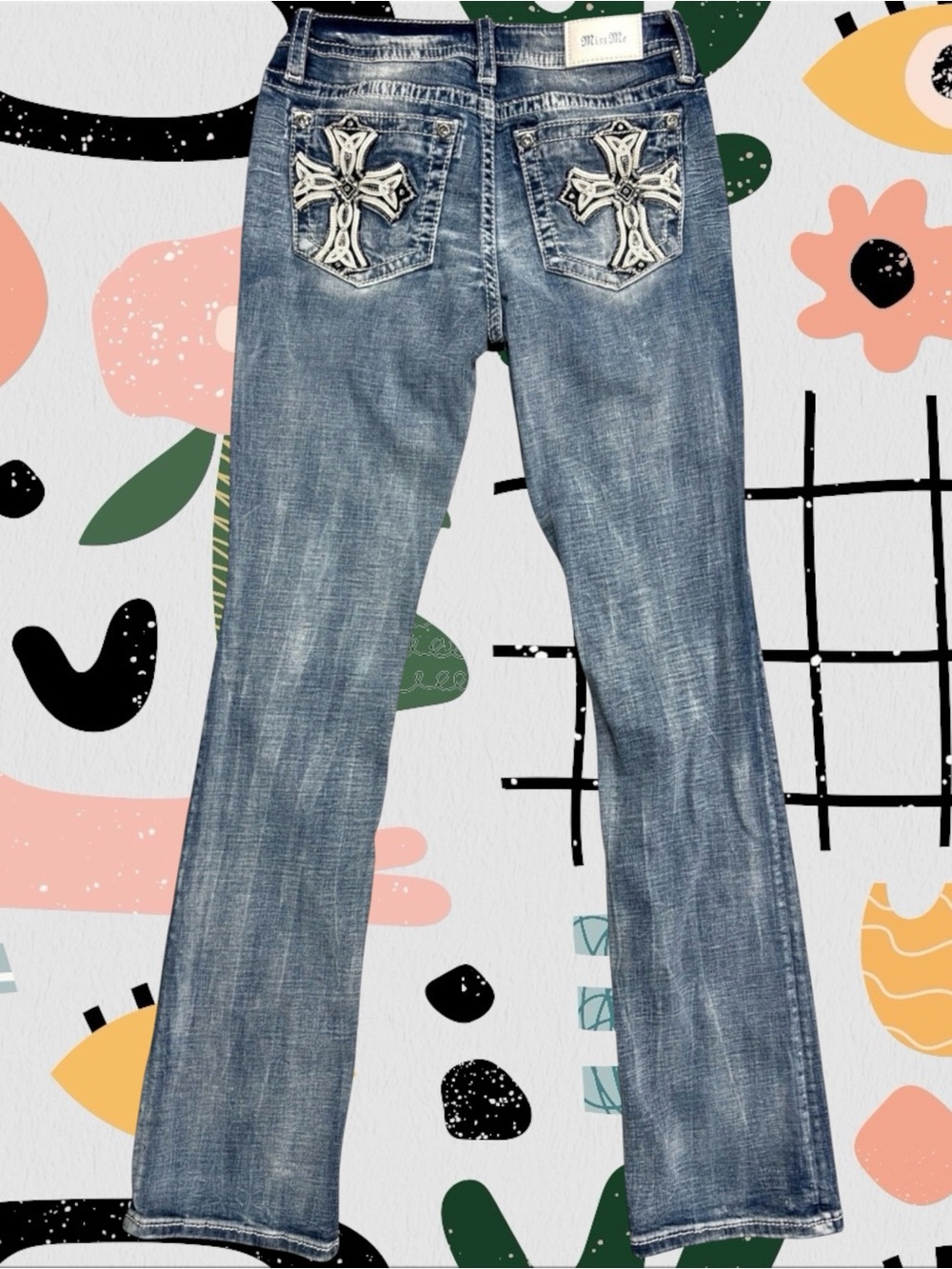 Miss Me | Low Rise Tailored Boot Cut Cross Embroidered Jeans - 36” Inseam